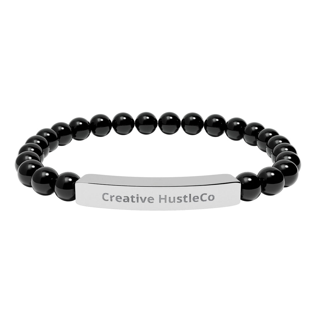Engraved Natural Stone Bar Bracelet — Personalized Stretch Beaded Bracelet (White Howlite & Black Onyx)