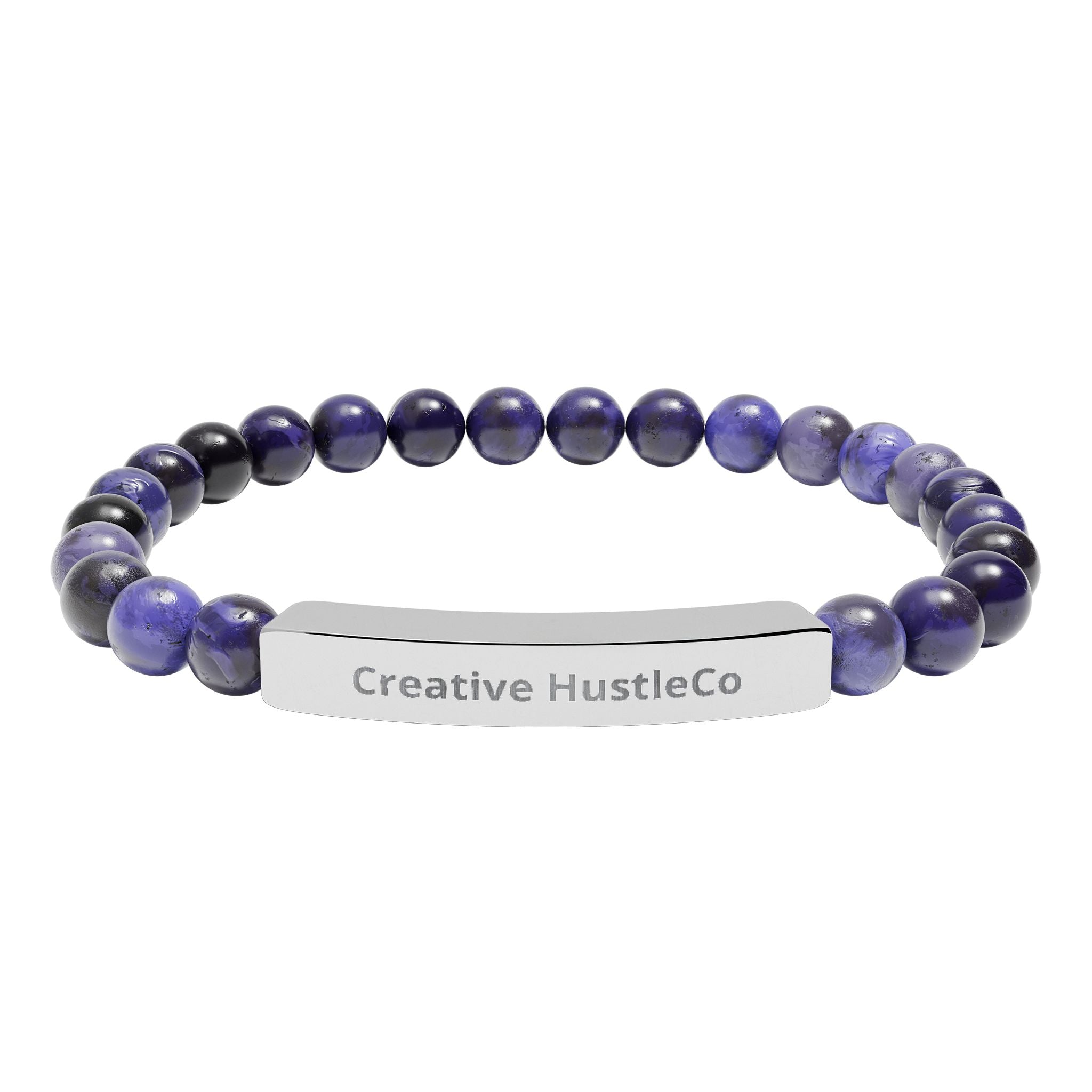 Engraved Natural Stone Bar Bracelet — Personalized Stretch Beaded Bracelet (White Howlite & Black Onyx)