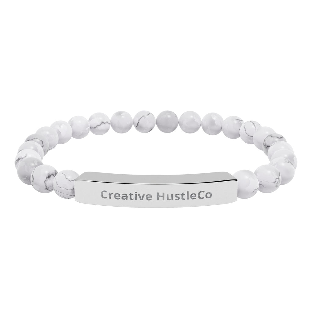 Engraved Natural Stone Bar Bracelet — Personalized Stretch Beaded Bracelet (White Howlite & Black Onyx)